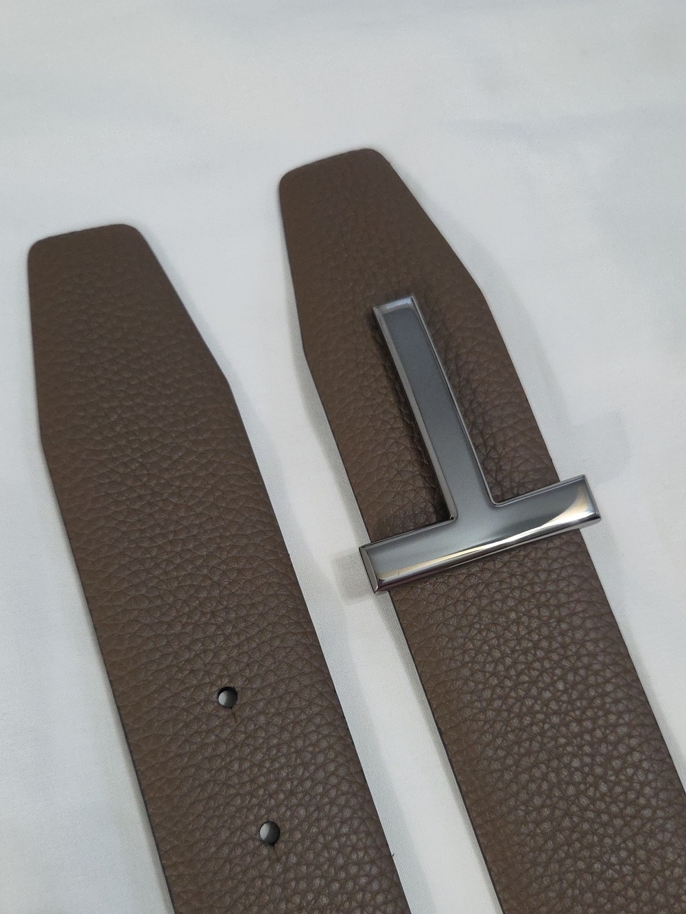 Tom Ford Black & Brown Leather Belt with Black Chrome T Accent